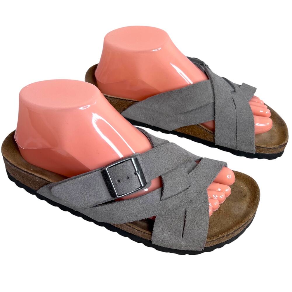 BIRKENSTOCK Lugano Soft Footbed Suede Leather Sandal in Gray Criss Cross W's 39 - Picture 3 of 12